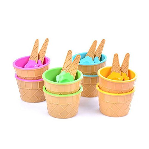 takestop® Copas de colores 6 unidades con cucharilla CPW_44425 forma cono de helado fruta macedonia de plástico