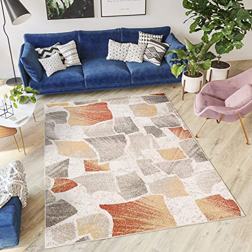 Tapiso Jawa Alfombra Salón Comedor Dormitorio Diseño Moderno Beige Naranja Geométrico Pelo Denso Frise 200 x 290 cm