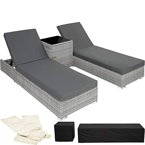 TecTake 800153 2X Tumbona Chaise Longue de Aluminio Poli Ratán + Mesa de Jardín + 2 Set de Fundas Intercambiables + Funda Completa (Gris Claro | No. 403770)