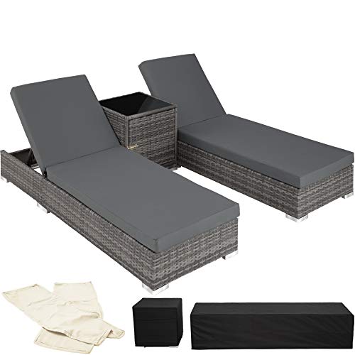 TecTake 800153 2X Tumbona Chaise Longue de Aluminio Poli Ratán + Mesa de Jardín + 2 Set de Fundas Intercambiables + Funda Completa (Gris | No. 403088)