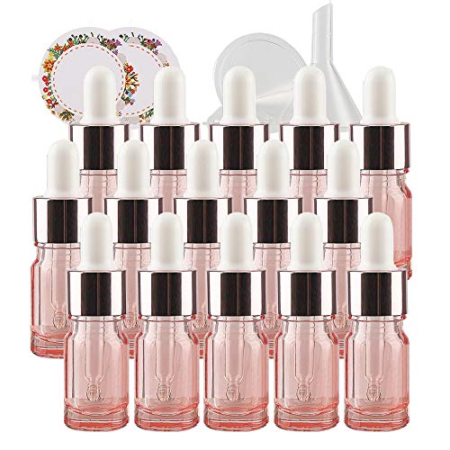 TIANZD 20 Pieza, Vacío 5ml Rosa Botellas de Botellas de Cuentagotas Cristal, con anillo de Rosa y pipeta, para Aromaterapia Aceites Esenciales y Perfume Medicina