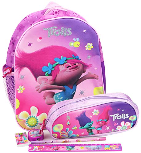 TROLLS Juego de 6 Piezas con Mochila, Conjunto de Escritura y Mocasines con diseños de DreamWorks