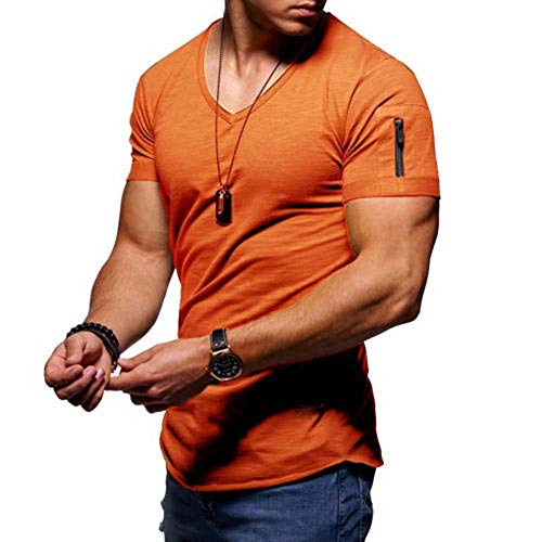 UNKNO Camiseta De Algodón para Hombre con Cuello En V Slim Fit Casual Manga Corta-Naranja_S