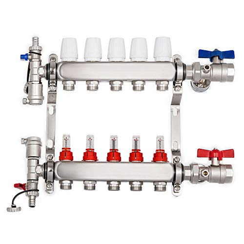 VEVOR Distribuidor de Circuito de Calefacción 5 Puertos de Calefacción, Conjunto de Calefacción de Acero Inoxidable 304, con Número de Salidas PEX 10, Distribuidor de Calefacción por Suelo 35,6 cm