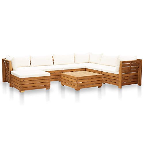 vidaXL Madera Acacia Muebles de Jardín 8 Pzas y Cojines Conjunto Exterior Patio Terraza Sofá Mesa Banco Butaca Asiento Blanco Crema