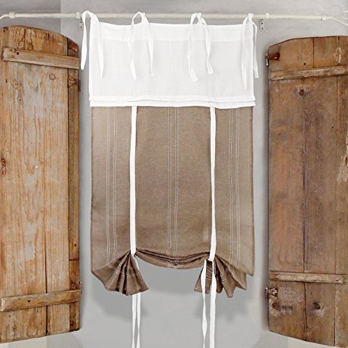 Visillo para Ventana Efecto Lino, Decoración del Hogar, Cortina Corta de Ventana con Volantes Romántico Rústico Shabby Chic - Volantes/Efecto Lino - 60x240 - Blanco/Marrón