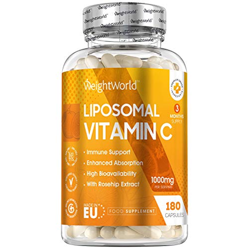 Vitamina C Liposomal 1000mg 180 Cápsulas Con Rosa Mosqueta - Suministro 3 Meses de Vitamina C Pura, Contribuye al Funcionamiento Normal del Sistema Inmunológico, Vegano