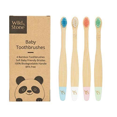 Wild & Stone | Cepillo de dientes de bambú orgánico para bebés | Cuatro colores | Cerdas de fibra | Mango 100% biodegradable | Cepillos de dientes veganos ecológicos para bebés