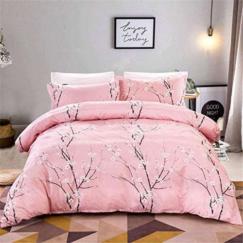 WONGS BEDDING Funda nórdica de 3 Piezas con diseño de Ciruela Rosa para niña Conjunto de Ropa de Cama Floral con 2 Fundas de Almohada Funda de edredón de Microfibra Suave King 220x230cm