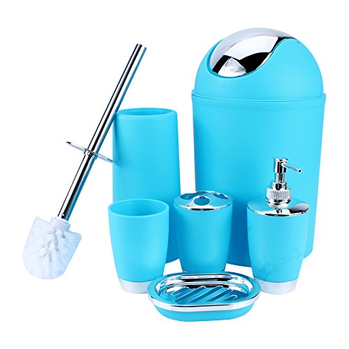 Yosoo 6 piezas de plástico Botellas de baño Accesorios de baño Loción conjunto de accesorios de lujo, cepillo de dientes titular, Taza de dientes, jabon, Cepillo de dientes, bote de basura (azul)