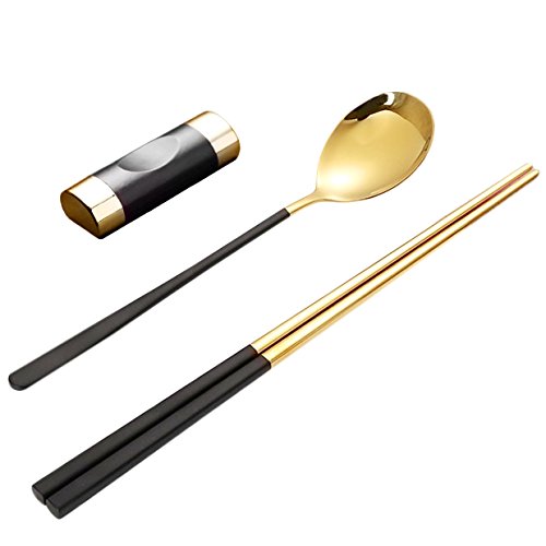 Youda Acero Inoxidable Palillos Cucharas y Titulares de Palillos, Paquete de Regalo de Cubiertos - Oro Negro