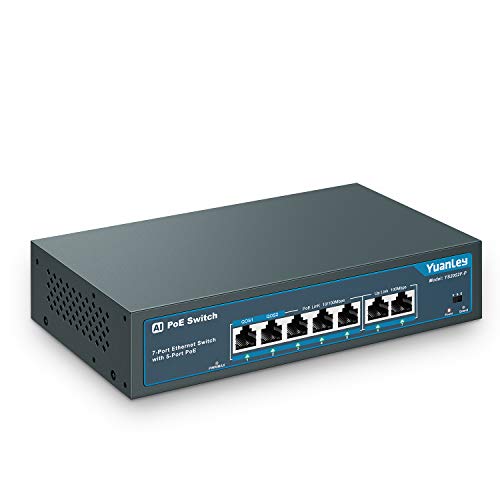 YuanLey AI 7 Puertos Switch PoE, 5 Puertos PoE+ 100 Mbps, 2 Uplink, 78W 802.3af/at, Escritorio de Metal, Qos, Conmutador Ethernet de Detección Inteligente AI Plug and Play no Administrado