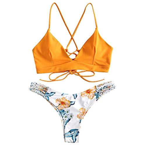 Yutdeng 2020 Conjuntos de Bikini Mujer Sexy Estampado de Girasol Moda Push Up Triangular Brasileños con Tirantes con Relleno Floral Impresión Braga Tanga