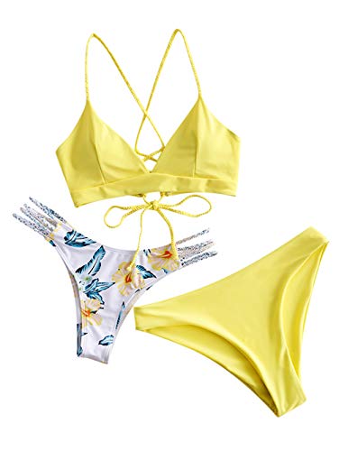 ZAFUL Conjunto de bikini de tres piezas para mujer, diseño floral amarillo M