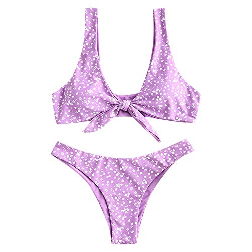 ZAFUL - Conjunto de bikini para mujer, diseño de flores, cintura baja, nudo delantero, dos piezas morado M