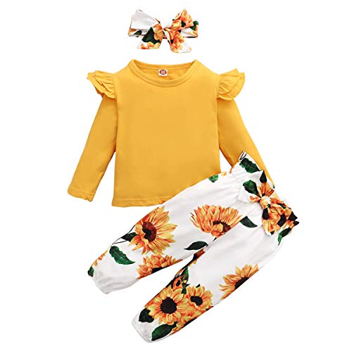 ZOEREA Conjunto de Ropa de Bebé Niña Encantador Manga Larga Tops con Volantes + Pantalones Floral + Venda Recién Nacido Niñas Otoño Primavera Trajes 3 Piezas (Estilo 1 Girasol, 4-5 años)