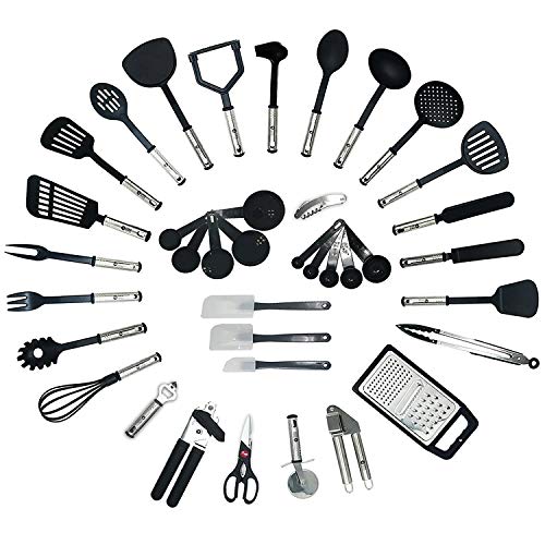 40 Pcs Premium Utensilios de Cocina - Nylon de Calidad Alimentaria y Acero Inoxidable - Práctico, Resistente al Calor, Antiadherente | Conjuntos Completos de Cocina: Cuchara Espátula Rallador etc