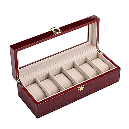 6 Compartimentos Caja De Relojes,Madera Vitrina Organizador Grye Tapa De Cristal,Primo Cajas para Joyas Cajas para Relojes Almacenamiento Ajustable Y Sostenible Cereza 12x5x3inch