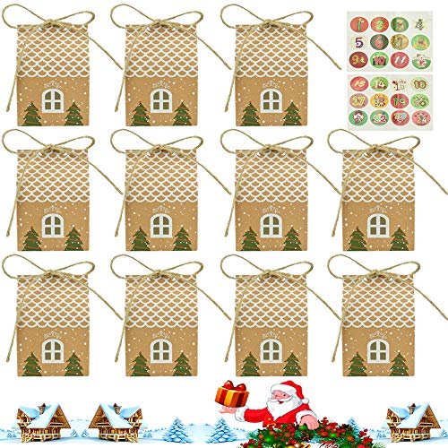 AFASOES 24 Pcs Bolsa de Regalo Navidad Calendario Adviento Navidad Bolsas Regalo Papel Kraft Bolsas Navideñas para Dulces con 24 Pcs Adhesivos 24 cuerda de yute para Niños Navidad Cumpleaños Boda