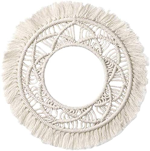 afdg Macramé Redondo Decoración, Decoración de Espejo de Encaje Redondo, Marco de Espejo de Pared Colgante Bohemio Decoración, para el Hogar Sala de Estar Dormitorio Pasillo （34cm）