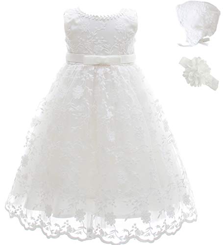 Ahaha - Vestido largo de bautizo para niña, para ocasiones especiales, bautizos, con sombrero y cinta para la frente Blanco 4 12-16 meses