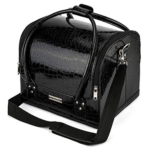 Amasava Maletín para Maquillaje, Estuches de Maquillaje, Estuche de Cosméticos, 19 cm * 19,5 cm * 27cm, PVC, Cerradura, 6 bandejas, con Correa para el Hombro, Negro