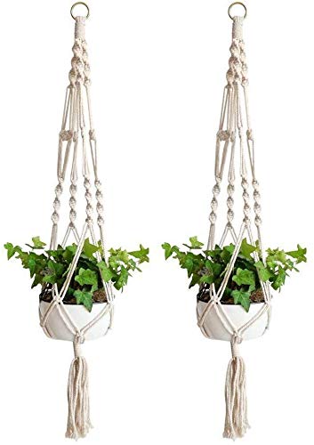 Anivia 2 colgadores de macramé para plantas, para interiores y exteriores, cesta colgante, cuerda de algodón para macetas redondas y cuadradas (40 pulgadas, blanco)