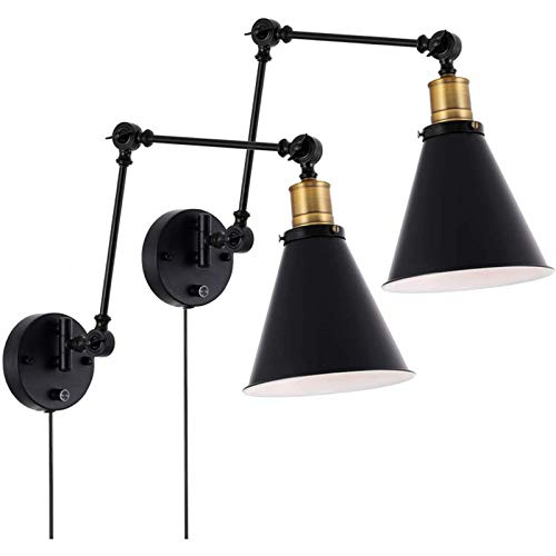 Apliques de pared enchufables con brazo oscilante Vintage Wall Lamp, Luz de Pared ajustable de metal negro para dormitorio sala de estar, cocina, comedor (juego de 2),Double rocker wall light