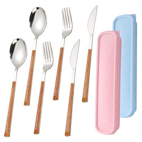 AUHOTA 6 Piezas Utensilios Portátiles con 2 Cajas, Prima Acero Inoxidable Juegos de Cubiertos, Reutilizable y Ecológico Cuchillo Tenedor Cuchara para Camping Llevar Picnic Oficina (Estilo A)