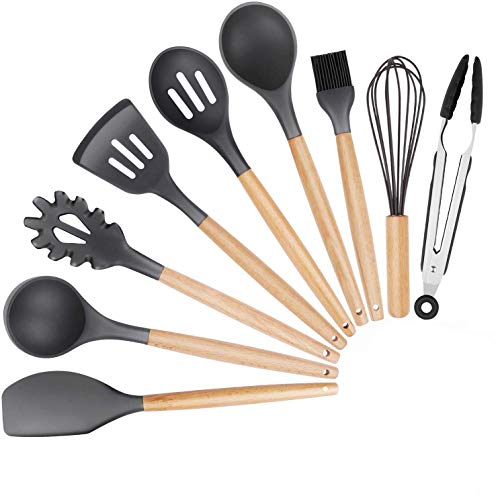 Avril Tian - Set de Utensilios de Cocina de Silicona - 9 Piezas Mangos de Madera Natural Herramientas de Cocina Turner Tongs Cuchara de Espátula para Utensilios de Cocina Antiadherentes