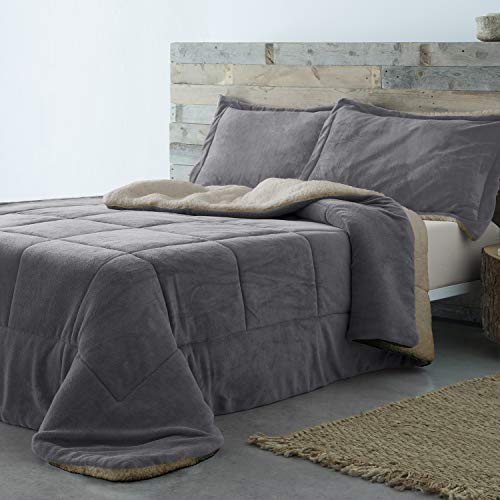 Barceló Hogar - Edredón Conforter Sherpa Basic, Color Gris 26, Cama 150 cm, Medida 250x270 cm, 2 Fundas de Cojín 50x70 cm, Edredón Terciopelo, Tacto Melocotón Extra Suave, Reverso Borreguillo