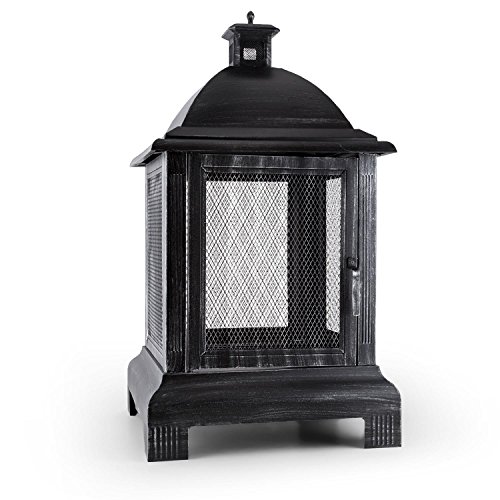 Blumfeldt Loreo - Chimenea de jardín, Brasero, Horno de Exterior, Acero pavonado, Protección antichispas, Diseño de Farol, Rejilla, Bandeja para Ceniza, Atizador, Patas estables, Negro