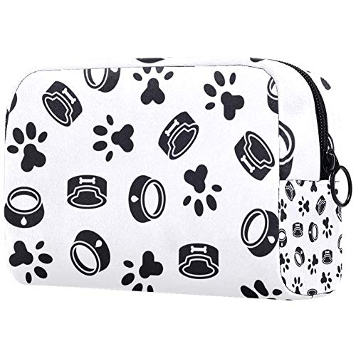 Bolsa de maquillaje personalizable, portátil, para mujer, bolso de mano, organizador de viaje, plato de perro, estampado de patas, color negro