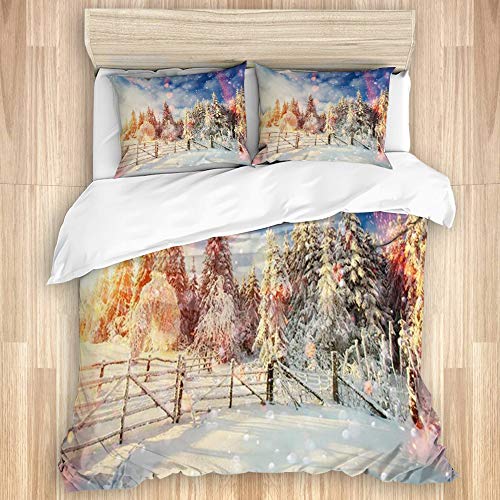 BROWCIN-Funda nórdica con 2 Fundas de Almohada,Cortijo de Invierno Navidad Valla de Madera en Copos de Nieve Escarcha,240 x 260 cm