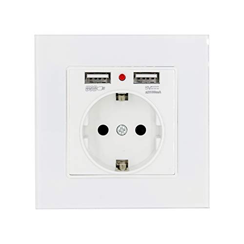 BSEED 2xUSB Toma Enchufe de pared,panel de vidrio Toma de pared Schuko 1 Gang Blanco,Toma de 250 V con cargadores USB (máx. 2.1A), adecuada para smartphone, tableta y MP3