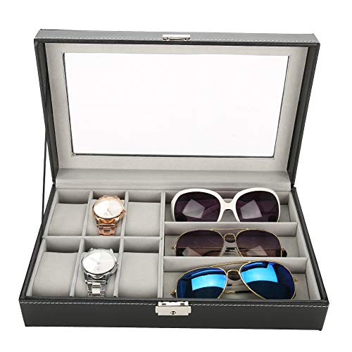 Caja de reloj joyero con escaparate, caja de gafas para guardar 3 vasos, caja de reloj con 6 compartimentos Caja de reloj con tapa de cristal Caja de gafas con escaparate de cristal