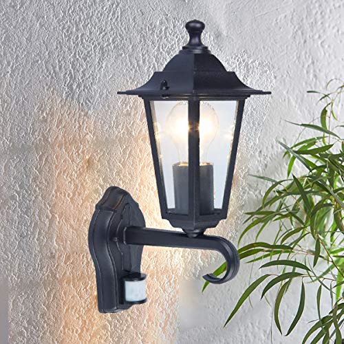 CGC Linterna de pared negra con luz PIR Coach E27 tipo de tornillo estándar IP44 resistente a la intemperie para jardín, pared, patio, puerta de garaje