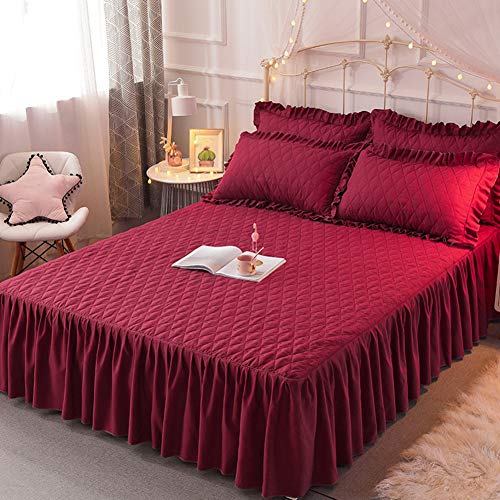 Colcha De Cama Falda, Franela De La Hoja De Cama, Cama De Terciopelo Falda De La Reina con La Superficie Colcha con Banda Elástica Suave Y Cálida De 3 Piezas,Rojo,200 * 220cm