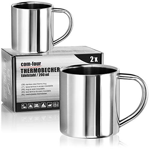 com-four® Taza de café de acero inoxidable - Taza de café - Taza termo-bebedora hecha de acero inoxidable - Taza con aislamiento de doble pared - SIN BPA (200ml)