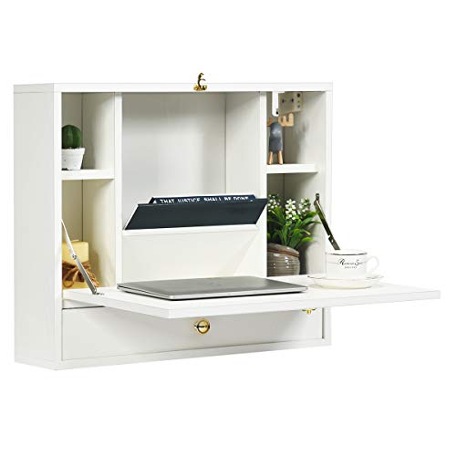 COSTWAY Mesa Plegable de Pared para Ordenador Escritorio de Madera con Compartimientos y Cajón para Hogar (Blanco)