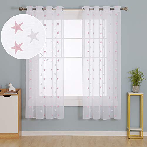 Deconovo Visillo Bordado para Ventana con Ollaos 2 Piezas 140 x 180 cm Rosa Estrella