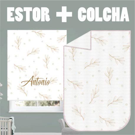 Desconocido Conjunto Colcha y Estor Personalizable Floral SC011 ¡ESTORES ENROLLABLES + Cubre Cama Colcha a Juego Infantil o Juvenil con Nombre! (140X170)