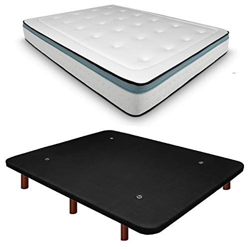 Duérmete Online Base Tapizada 3D Reforzada Anti Ruido + Colchón Viscoelástico Bio MAX | Patas de Madera Color Wengue, Negro, 135x190