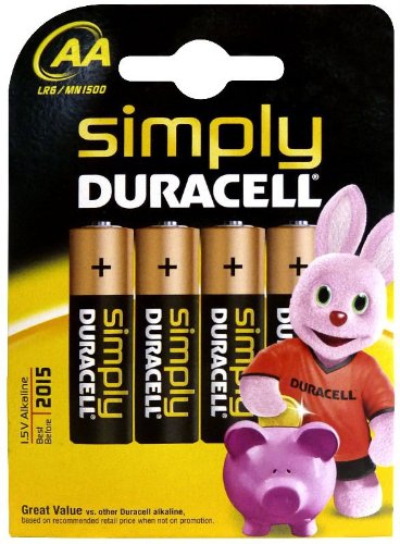 Duracell Simply AA 4 Pack Alcalino 1.5V batería no-recargable - Pilas (Alcalino, Cilíndrico, 1,5 V, 2 pieza(s), AA, Negro)