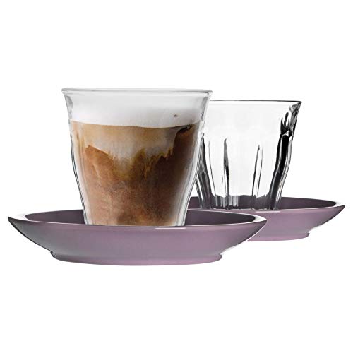 Duralex 12 Piezas de Cristal de Picardie Taza y platillo de cerámica Set - Estilo Moderno Vaso Taza de Latte Cappuccino - púrpura - 220ml