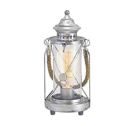 Eglo Bradford - Lámpara de mesa (1 foco, estilo vintage, acero, color plateado envejecido, vidrio: transparente, casquillo E27, incluye interruptor)