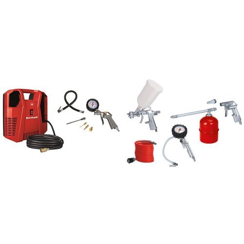 Einhell TH-AC 190 Kit - Compresor (1,1 kW, rendimiento de aspiración: 190 l/min, 8 bar, 1 cilindro, incluye accesorios, funciona sin aceite) + Kit de aire comprimido (metálico, 5 piezas, 1.7 kg) color rojo y blanco