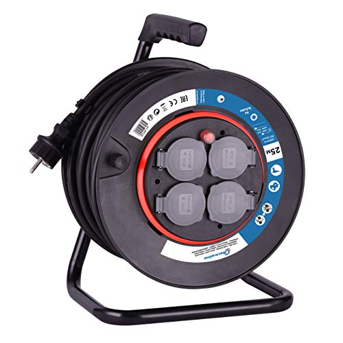 Electraline 49125 Allargador de Cables con Enrollacables con Tomas de Corriente Fijas 25 M, Pletina Fija, Cable H05 VV-F Secciòn 3G1, 5 mm², Color Negro