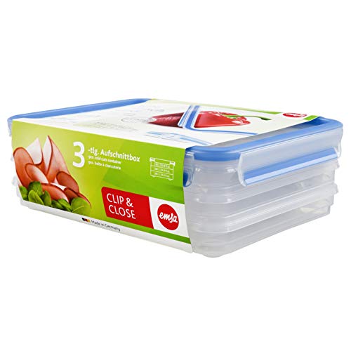 Emsa Clip&Close - Set de 3 Conservadores Herméticos de Plástico Rectangular 1L con Sistema apilable y colector de jugos, higiénico, no retiene olores ni sabores 100% Libre de BPA