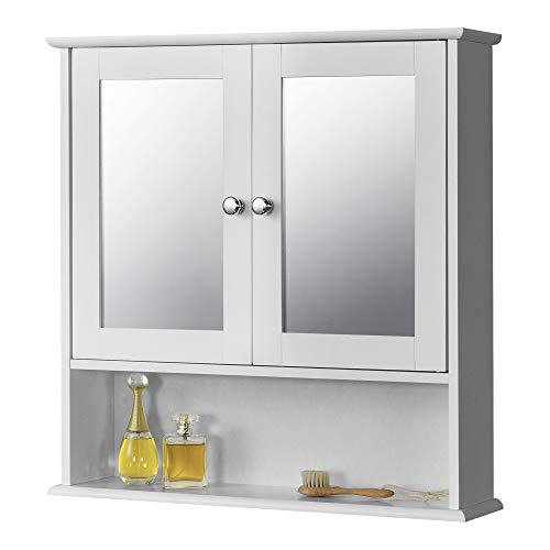 [en.casa] Mueble de Pared para Baño Linz 58 x 56 x 13 cm Armario Colgante con 2 Puertas con Espejo y un Estante Inferior Auxiliar de Baño MDF Blanco